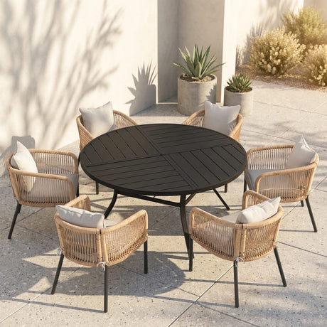 Vicllax 7-Piece Weather-Resistant Outside Dining Furniture - 50" / 53" Round Slat Table with Aria Modern Woven Rope Armchair