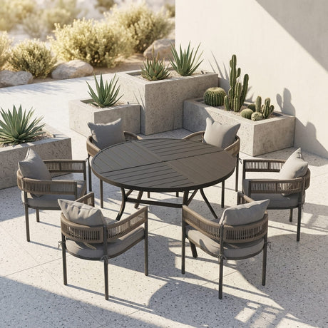 VICLLAX 7-Piece Weather-Resistant Outside Dining Furniture - 50"/53" Round Table with 6 Aria Low-back Outdoor Dining Armchair