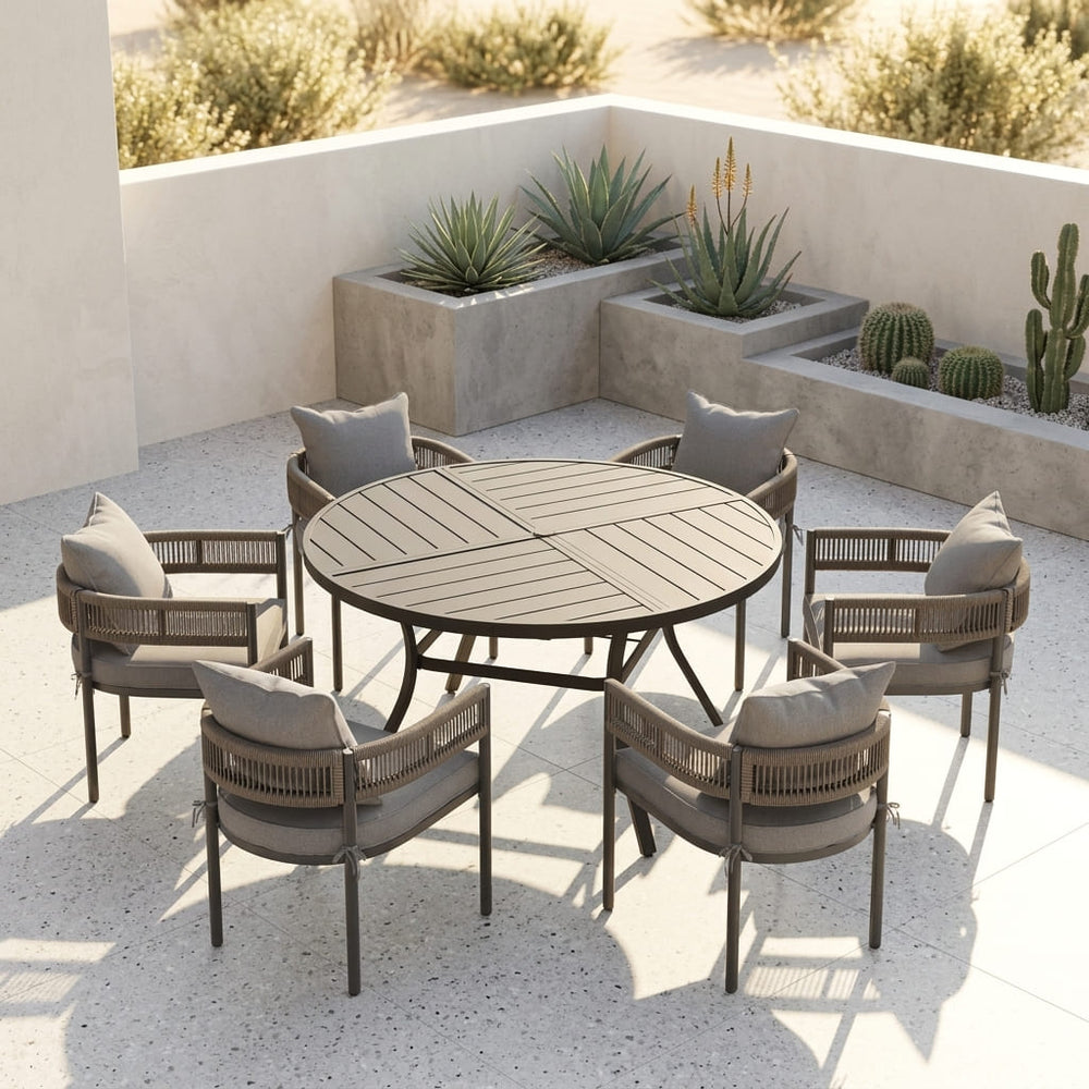 VICLLAX 7-Piece Weather-Resistant Outside Dining Furniture - 50"/53" Round Table with 6 Aria Low-back Outdoor Dining Armchair