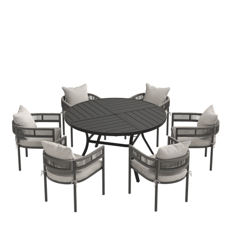 VICLLAX 7-Piece Weather-Resistant Outside Dining Furniture - 50"/53" Round Table with 6 Aria Low-back Outdoor Dining Armchair