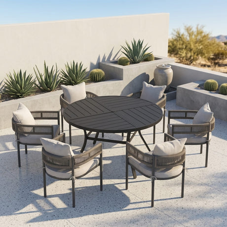 VICLLAX 7-Piece Weather-Resistant Outside Dining Furniture - 50"/53" Round Table with 6 Aria Low-back Outdoor Dining Armchair