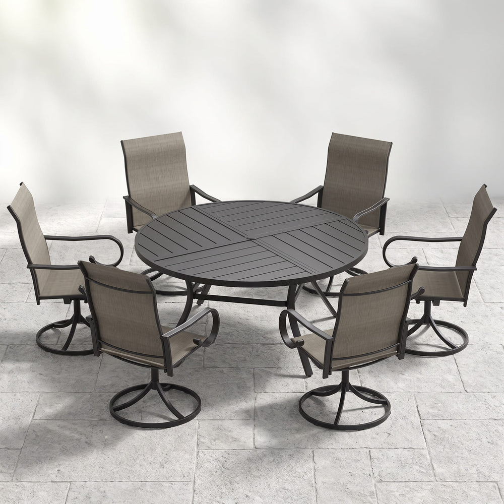 VICLLAX 7-Piece Patio Dining Set, 50/53 inch Round Table with Umbrella Hole and Swivel Rocking Sling Chairs