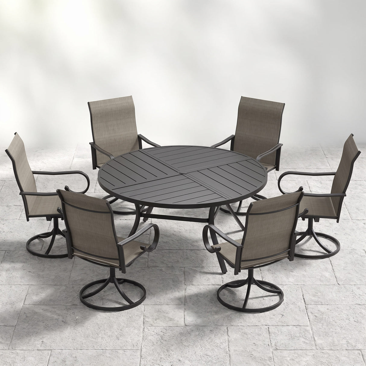 VICLLAX 7-Piece Patio Dining Set, 50/53 inch Round Table with Umbrella Hole and Swivel Rocking Sling Chairs