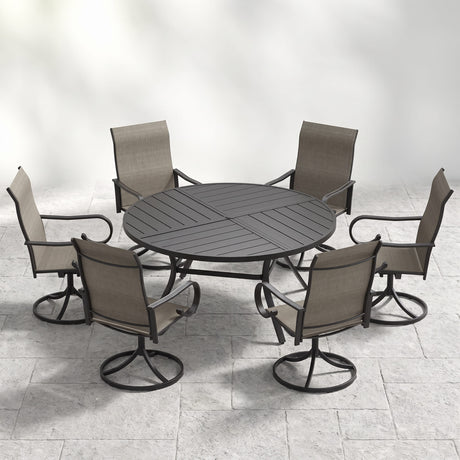 VICLLAX 7-Piece Patio Dining Set, 50/53 inch Round Table with Umbrella Hole and Swivel Rocking Sling Chairs