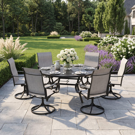 VICLLAX 7-Piece Patio Dining Set, 50/53 inch Round Table with Umbrella Hole and Swivel Rocking Sling Chairs
