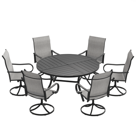 VICLLAX 7-Piece Patio Dining Set, 50/53 inch Round Table with Umbrella Hole and Swivel Rocking Sling Chairs