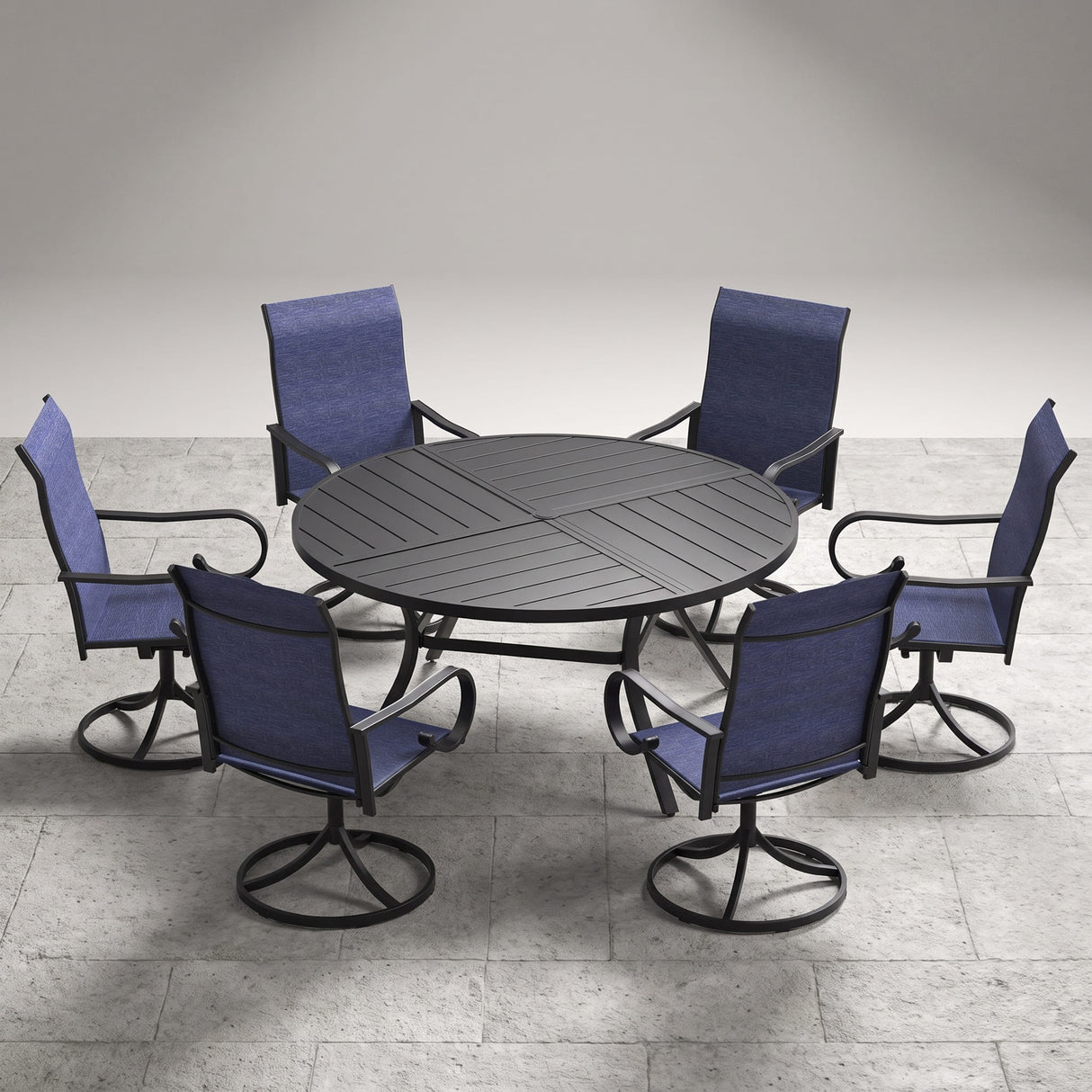 VICLLAX 7-Piece Patio Dining Set, 50/53 inch Round Table with Umbrella Hole and Swivel Rocking Sling Chairs