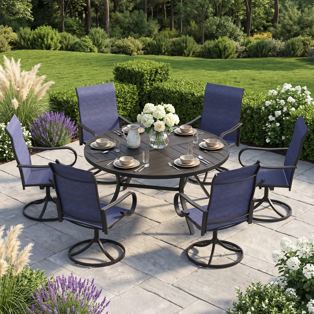 VICLLAX 7-Piece Patio Dining Set, 50/53 inch Round Table with Umbrella Hole and Swivel Rocking Sling Chairs