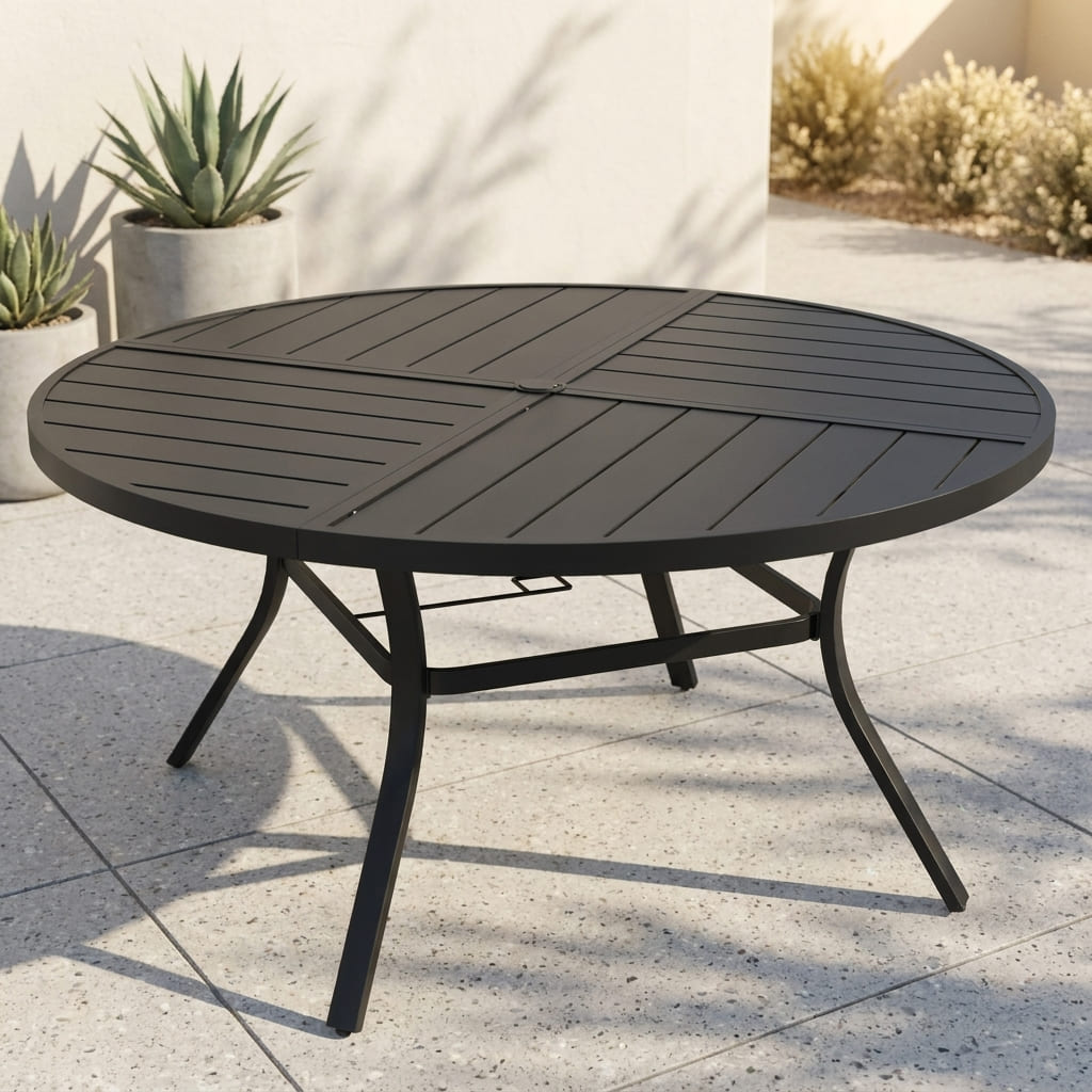 Vicllax 7-Piece Weather-Resistant Outside Dining Furniture - 50" / 53" Round Slat Table with 6 Smooth Synthetic Rattan Cushioned Armchairs for Lawn