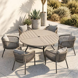 Vicllax 7-Piece Weather-Resistant Outside Dining Furniture - 50" / 53" Round Slat Table with 6 Smooth Synthetic Rattan Cushioned Armchairs for Lawn