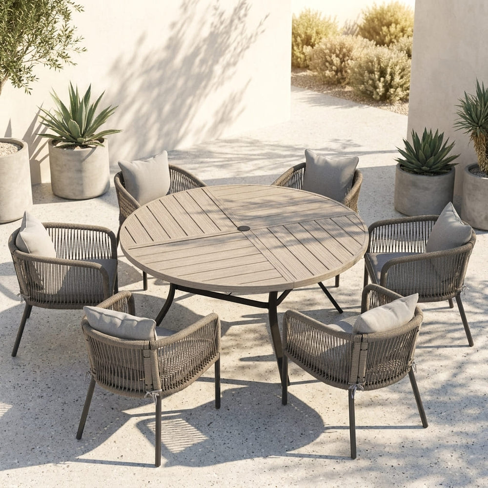 Vicllax 7-Piece Weather-Resistant Outside Dining Furniture - 50" / 53" Round Slat Table with 6 Smooth Synthetic Rattan Cushioned Armchairs for Lawn
