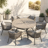 Vicllax 7-Piece Weather-Resistant Outside Dining Furniture - 50" / 53" Round Slat Table with 6 Smooth Synthetic Rattan Cushioned Armchairs for Lawn