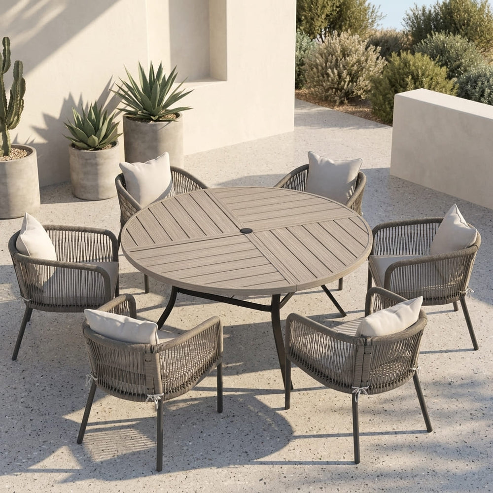 Vicllax 7-Piece Weather-Resistant Outside Dining Furniture - 50" / 53" Round Slat Table with 6 Smooth Synthetic Rattan Cushioned Armchairs for Lawn