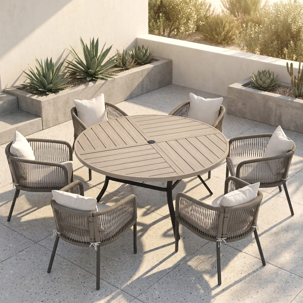 Vicllax 7-Piece Weather-Resistant Outside Dining Furniture - 50" / 53" Round Slat Table with 6 Smooth Synthetic Rattan Cushioned Armchairs for Lawn