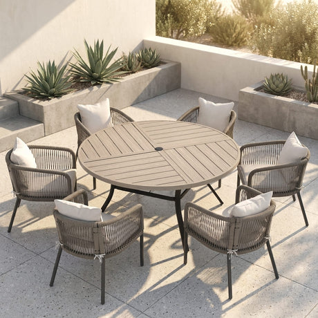 Vicllax 7-Piece Weather-Resistant Outside Dining Furniture - 50" / 53" Round Slat Table with Aria Modern Woven Rope Armchair