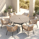 Vicllax 7-Piece Weather-Resistant Outside Dining Furniture - 50" / 53" Round Slat Table with 6 Smooth Synthetic Rattan Cushioned Armchairs for Lawn