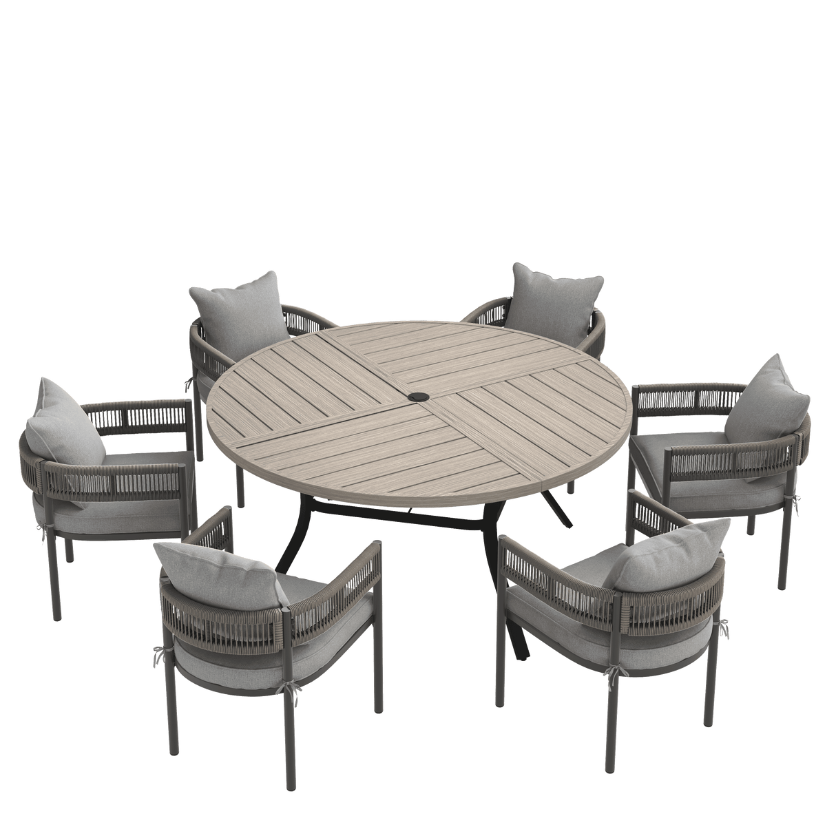 VICLLAX 7-Piece Weather-Resistant Outside Dining Furniture - 50"/53" Round Table with 6 Aria Low-back Outdoor Dining Armchair