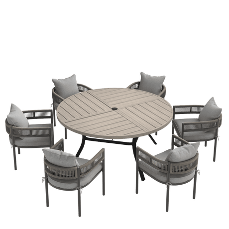 VICLLAX 7-Piece Weather-Resistant Outside Dining Furniture - 50"/53" Round Table with 6 Aria Low-back Outdoor Dining Armchair