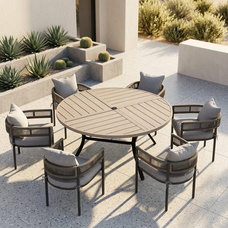 VICLLAX 7-Piece Weather-Resistant Outside Dining Furniture - 50"/53" Round Table with 6 Aria Low-back Outdoor Dining Armchair