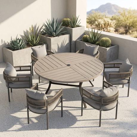 VICLLAX 7-Piece Weather-Resistant Outside Dining Furniture - 50"/53" Round Table with 6 Aria Low-back Outdoor Dining Armchair