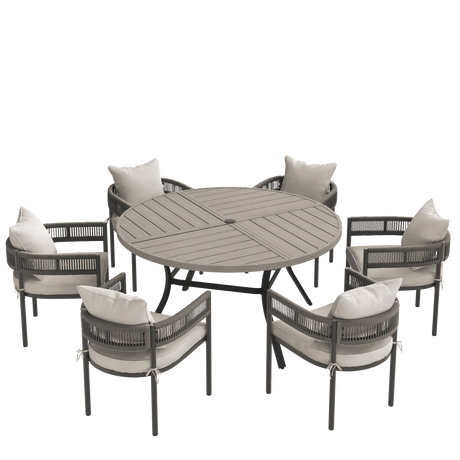 VICLLAX 7-Piece Weather-Resistant Outside Dining Furniture - 50"/53" Round Table with 6 Aria Low-back Outdoor Dining Armchair