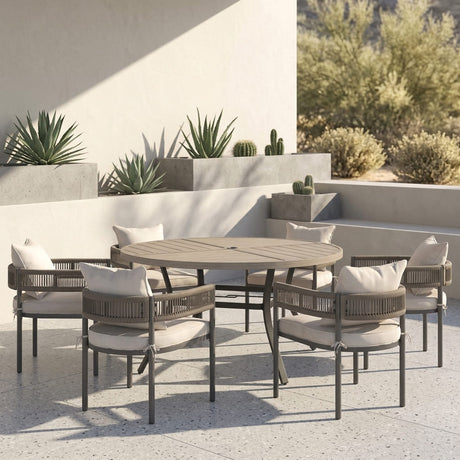 VICLLAX 7-Piece Weather-Resistant Outside Dining Furniture - 50"/53" Round Table with 6 Aria Low-back Outdoor Dining Armchair