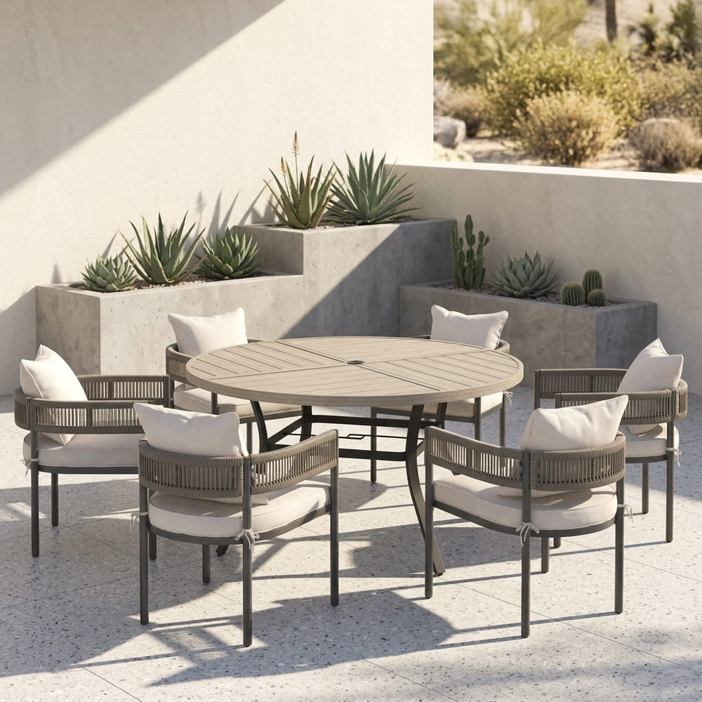 VICLLAX 7-Piece Weather-Resistant Outside Dining Furniture - 50"/53" Round Table with 6 Aria Low-back Outdoor Dining Armchair