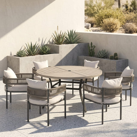 VICLLAX 7-Piece Weather-Resistant Outside Dining Furniture - 50"/53" Round Table with 6 Aria Low-back Outdoor Dining Armchair