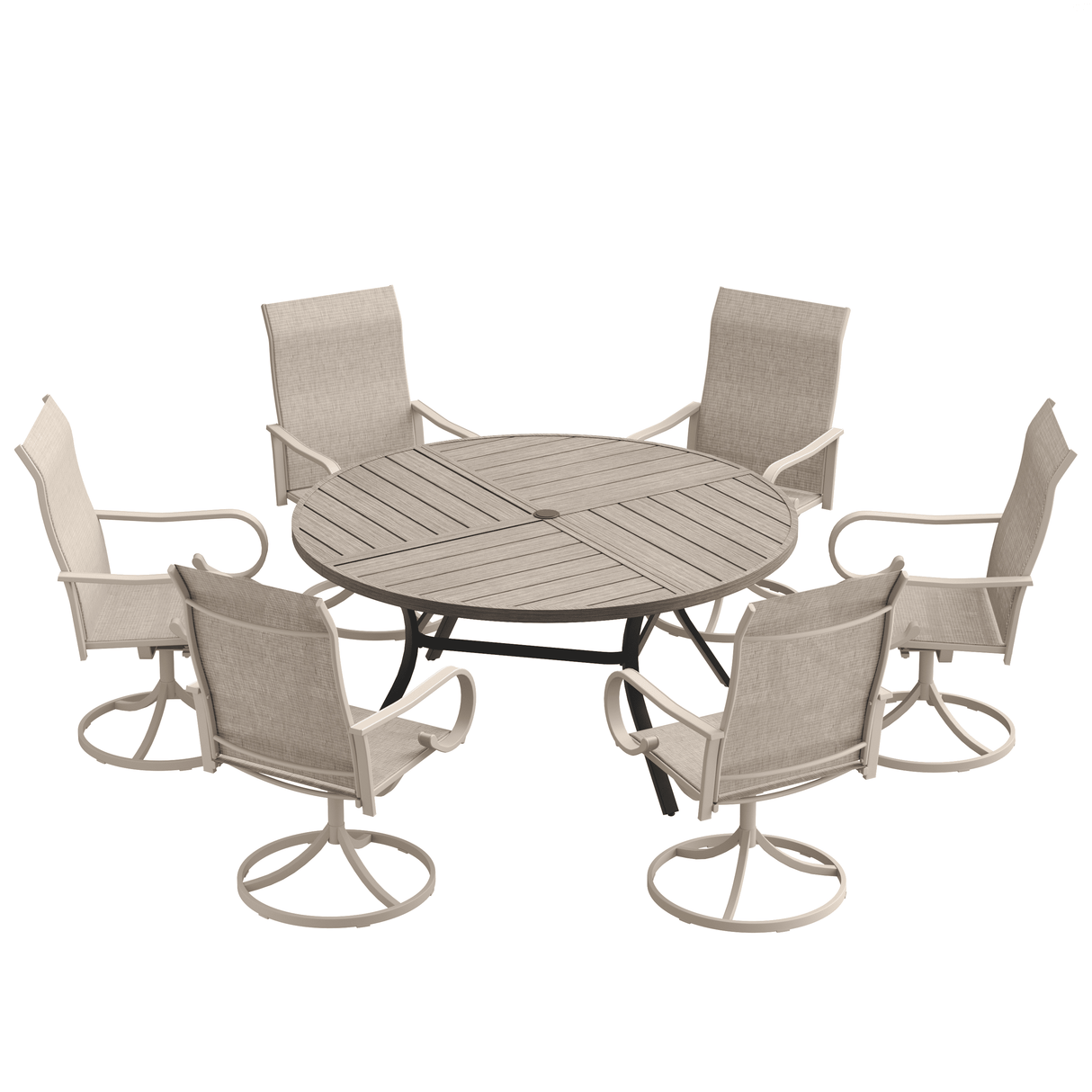 VICLLAX 7-Piece Patio Dining Set, 50/53 inch Round Table with Umbrella Hole and Swivel Rocking Sling Chairs