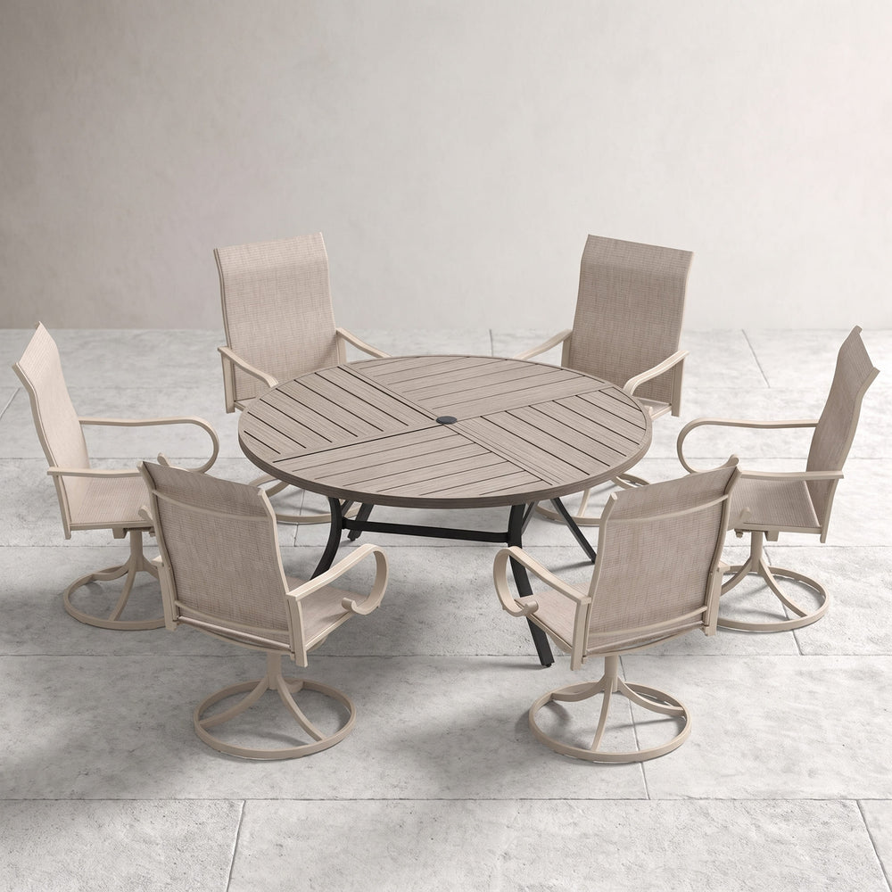 VICLLAX 7-Piece Patio Dining Set, 50/53 inch Round Table with Umbrella Hole and Swivel Rocking Sling Chairs