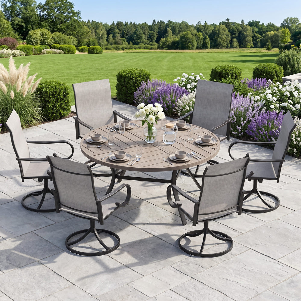 VICLLAX 7-Piece Patio Dining Set, 50/53 inch Round Table with Umbrella Hole and Swivel Rocking Sling Chairs