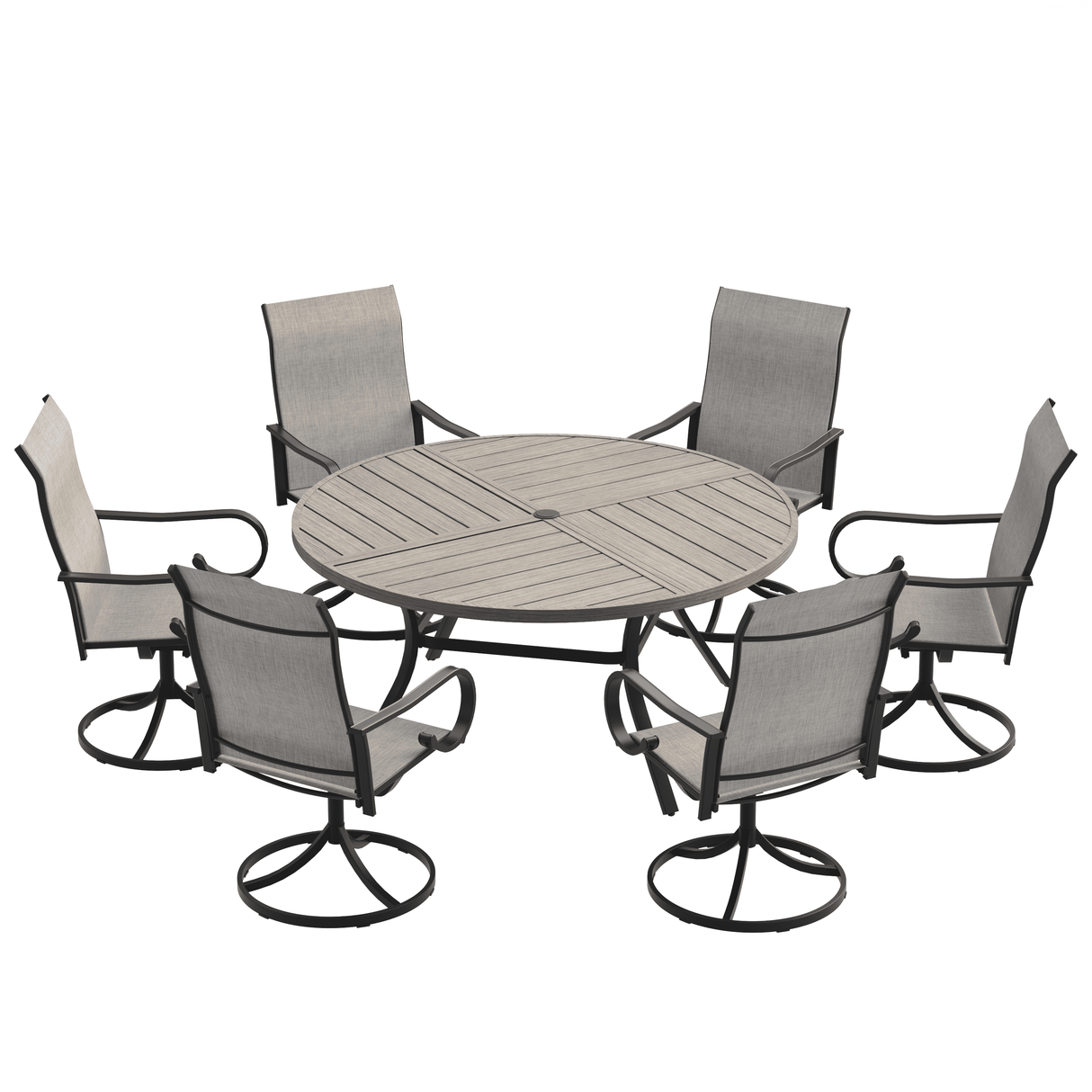 VICLLAX 7-Piece Patio Dining Set, 50/53 inch Round Table with Umbrella Hole and Swivel Rocking Sling Chairs