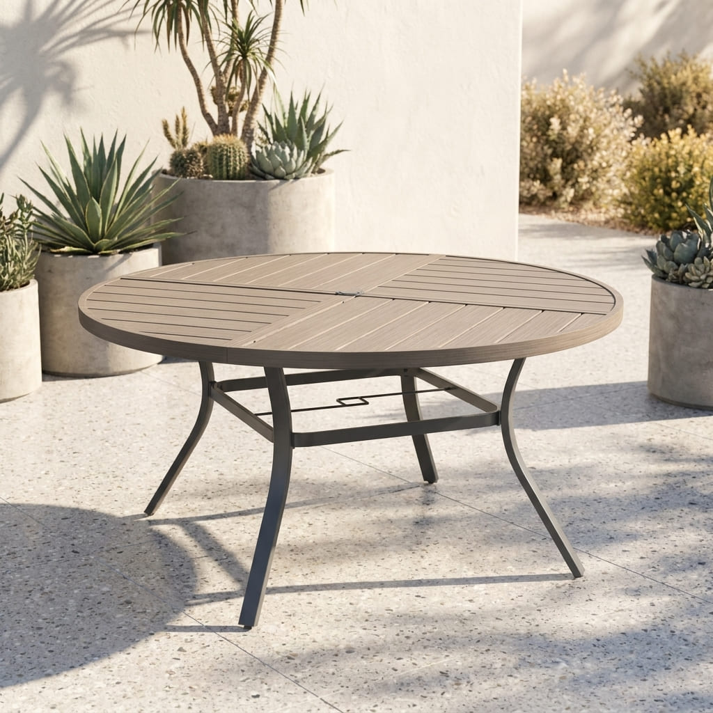 Vicllax 7-Piece Weather-Resistant Outside Dining Furniture - 50" / 53" Round Slat Table with 6 Smooth Synthetic Rattan Cushioned Armchairs for Lawn