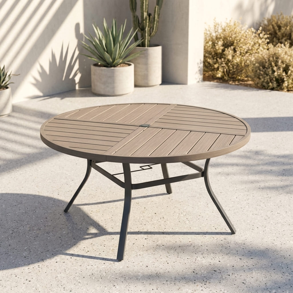 Vicllax 7-Piece Weather-Resistant Outside Dining Furniture - 50" / 53" Round Slat Table with 6 Smooth Synthetic Rattan Cushioned Armchairs for Lawn