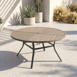 Vicllax 7-Piece Weather-Resistant Outside Dining Furniture - 50" / 53" Round Slat Table with 6 Smooth Synthetic Rattan Cushioned Armchairs for Lawn