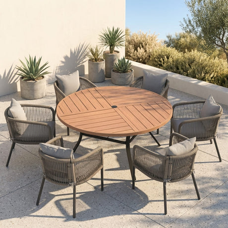 Vicllax 7-Piece Weather-Resistant Outside Dining Furniture - 50" / 53" Round Slat Table with Aria Modern Woven Rope Armchair