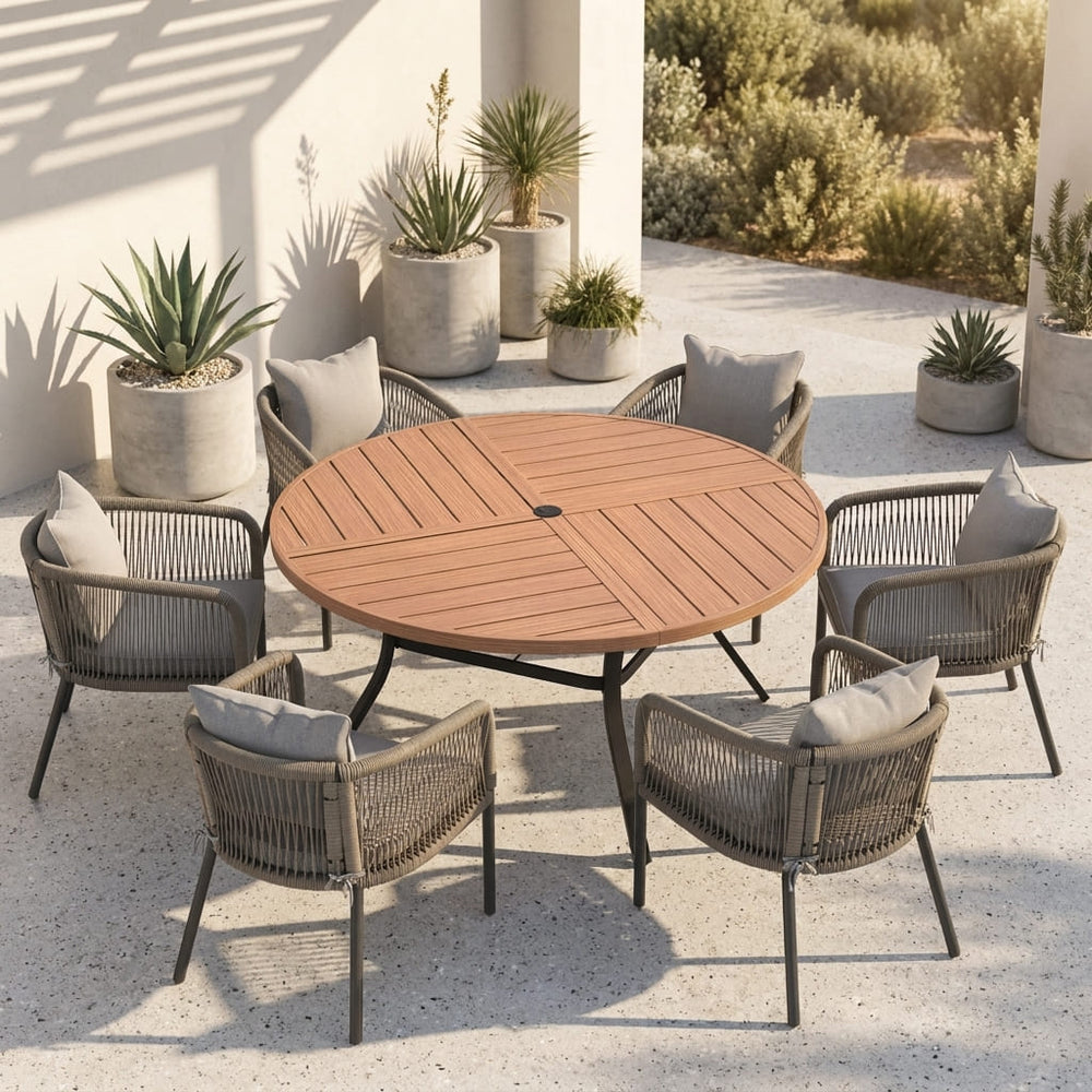 Vicllax 7-Piece Weather-Resistant Outside Dining Furniture - 50" / 53" Round Slat Table with 6 Smooth Synthetic Rattan Cushioned Armchairs for Lawn