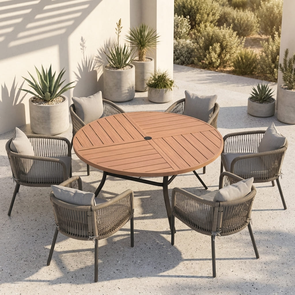 Vicllax 7-Piece Weather-Resistant Outside Dining Furniture - 50" / 53" Round Slat Table with 6 Smooth Synthetic Rattan Cushioned Armchairs for Lawn