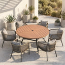 Vicllax 7-Piece Weather-Resistant Outside Dining Furniture - 50" / 53" Round Slat Table with 6 Smooth Synthetic Rattan Cushioned Armchairs for Lawn
