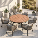 Vicllax 7-Piece Weather-Resistant Outside Dining Furniture - 50" / 53" Round Slat Table with 6 Smooth Synthetic Rattan Cushioned Armchairs for Lawn