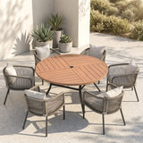 Vicllax 7-Piece Weather-Resistant Outside Dining Furniture - 50" / 53" Round Slat Table with 6 Smooth Synthetic Rattan Cushioned Armchairs for Lawn