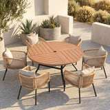 Vicllax 7-Piece Weather-Resistant Outside Dining Furniture - 50" / 53" Round Slat Table with 6 Smooth Synthetic Rattan Cushioned Armchairs for Lawn