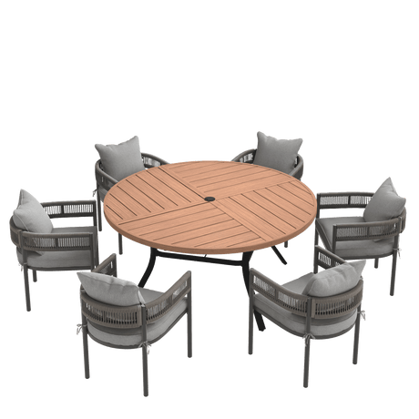 VICLLAX 7-Piece Weather-Resistant Outside Dining Furniture - 50"/53" Round Table with 6 Aria Low-back Outdoor Dining Armchair