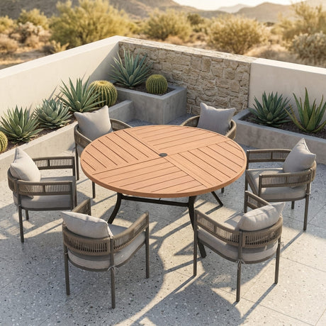 VICLLAX 7-Piece Weather-Resistant Outside Dining Furniture - 50"/53" Round Table with 6 Aria Low-back Outdoor Dining Armchair