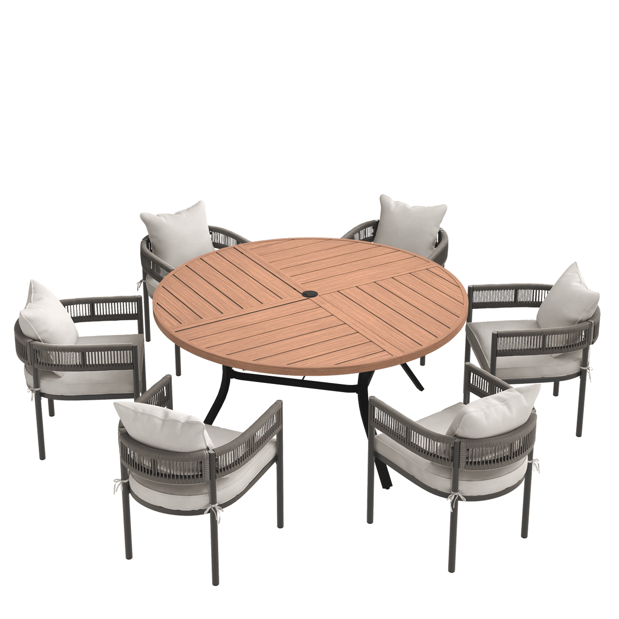 VICLLAX 7-Piece Weather-Resistant Outside Dining Furniture - 50"/53" Round Table with 6 Aria Low-back Outdoor Dining Armchair