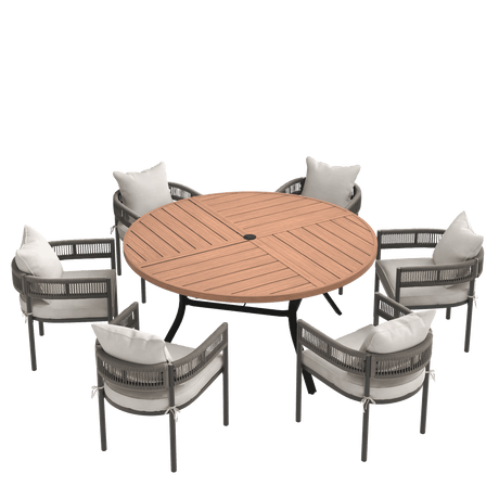 VICLLAX 7-Piece Weather-Resistant Outside Dining Furniture - 50"/53" Round Table with 6 Aria Low-back Outdoor Dining Armchair