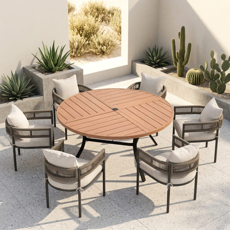 VICLLAX 7-Piece Weather-Resistant Outside Dining Furniture - 50"/53" Round Table with 6 Aria Low-back Outdoor Dining Armchair