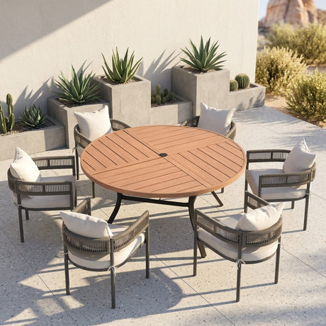 VICLLAX 7-Piece Weather-Resistant Outside Dining Furniture - 50"/53" Round Table with 6 Aria Low-back Outdoor Dining Armchair