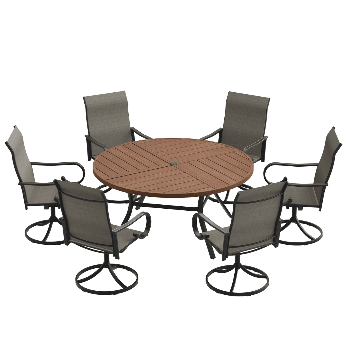 VICLLAX 7-Piece Patio Dining Set, 50/53 inch Round Table with Umbrella Hole and Swivel Rocking Sling Chairs