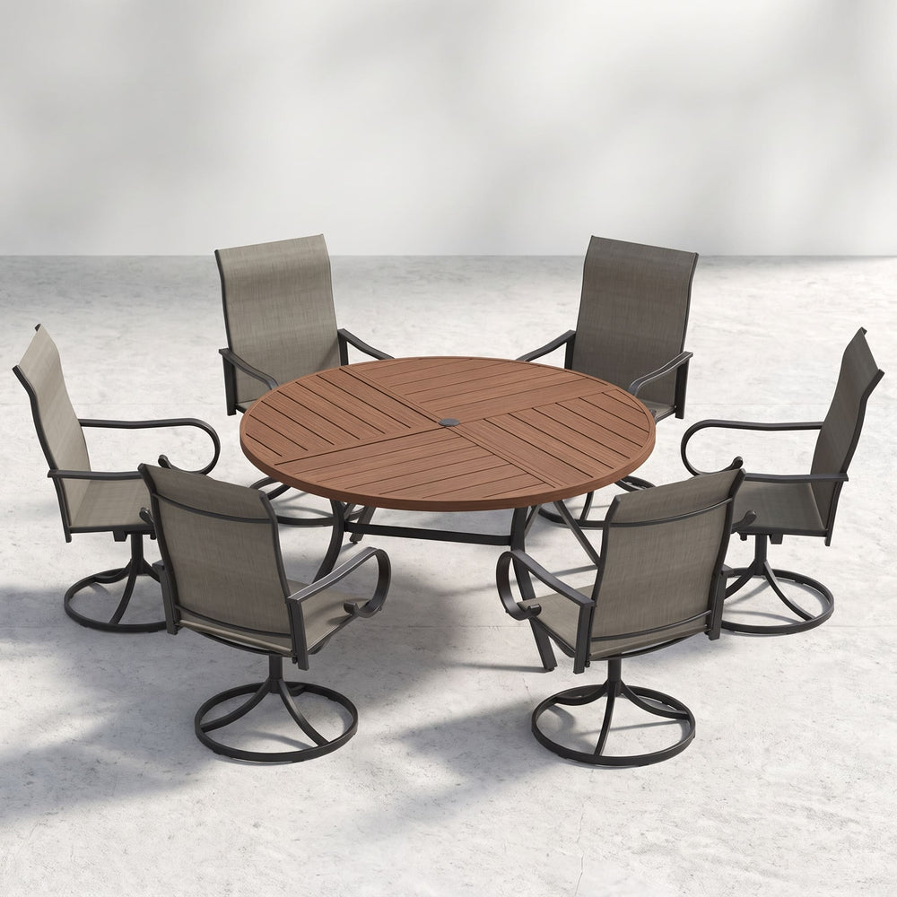 VICLLAX 7-Piece Patio Dining Set, 50/53 inch Round Table with Umbrella Hole and Swivel Rocking Sling Chairs